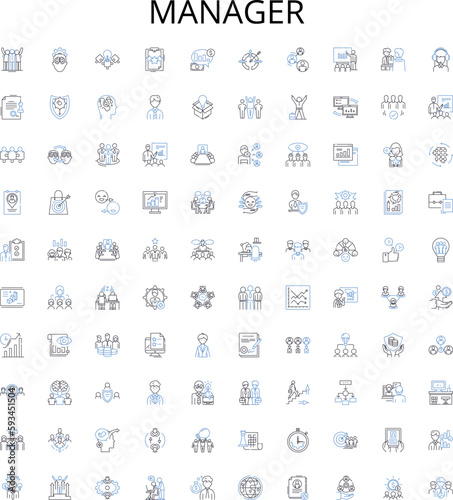 Manager outline icons collection. Supervisor, Leader, Administrator, Director, Organizer, Strategist, Advisor vector illustration set. Controller, Coordinator, Conductor linear signs
