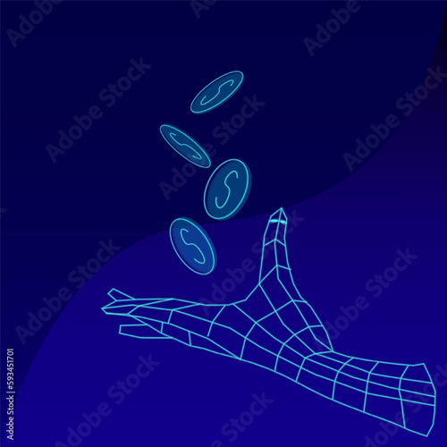 Crypto Coins, hand trading NFT non fungible token for crypto art on blue background ethereum based in blockchain technology and disruptive monetization in collectibles market. Vector illustration