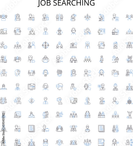 Job searching outline icons collection. Job hunting, Recruiting, Applying, Interviewing, Networking, Contracting, Prospecting vector illustration set. Hiring, Resuming, Posting linear signs