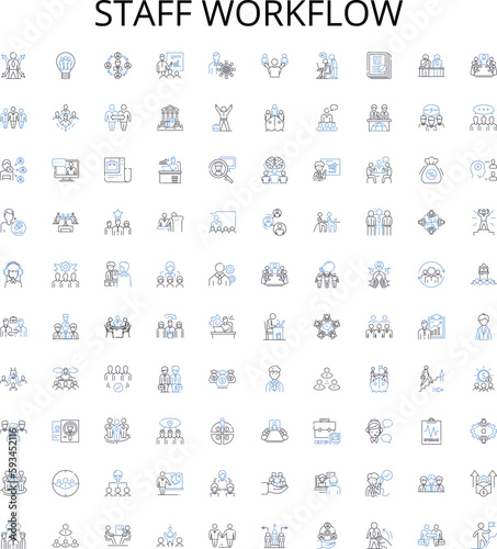 Staff workflow outline icons collection. Staff, Workflow, Planning, Management, Organization, Coordination, Collaboration vector illustration set. Productivity, Efficiency, Automation linear signs