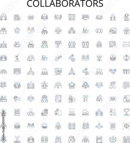 Collaborators outline icons collection. Partners, Teammates, Colleagues, Allies, Associates, Contributors, Aides vector illustration set. Workers, Helpers, Unitees linear signs