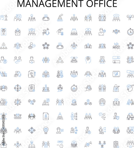 Management office outline icons collection. Office, Management, Administration, Business, Supervision, Coordination, Direction vector illustration set. Executives, Personnel, Lead linear signs