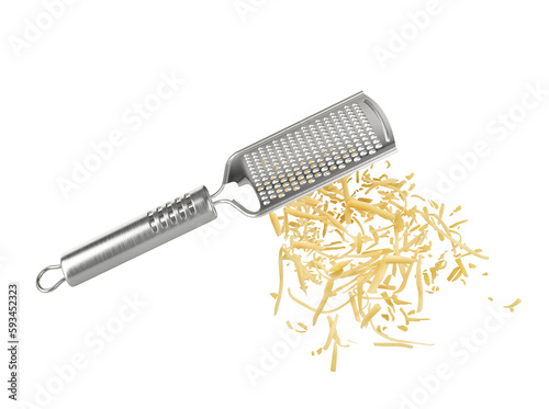 Grater with flying cheese shavings on a white isolated background