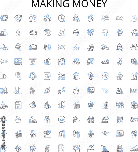 Making money outline icons collection. Earn, Earnings, Gains, Invest, Investing, Profit, Profitable vector illustration set. Prosper, Riches, Accrue linear signs