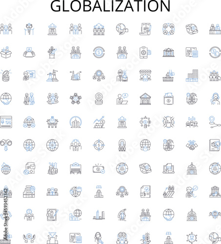 Globalization outline icons collection. Internationalization, Interconnection, Connection, Connectivity, Integration, Unification, Linkage vector illustration set. Openness, Borderless, Sharing linear