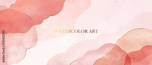 Pink, beige, red watercolor abstract forms with golden lines. Elegant background for card, backdrop, banner, texture print.