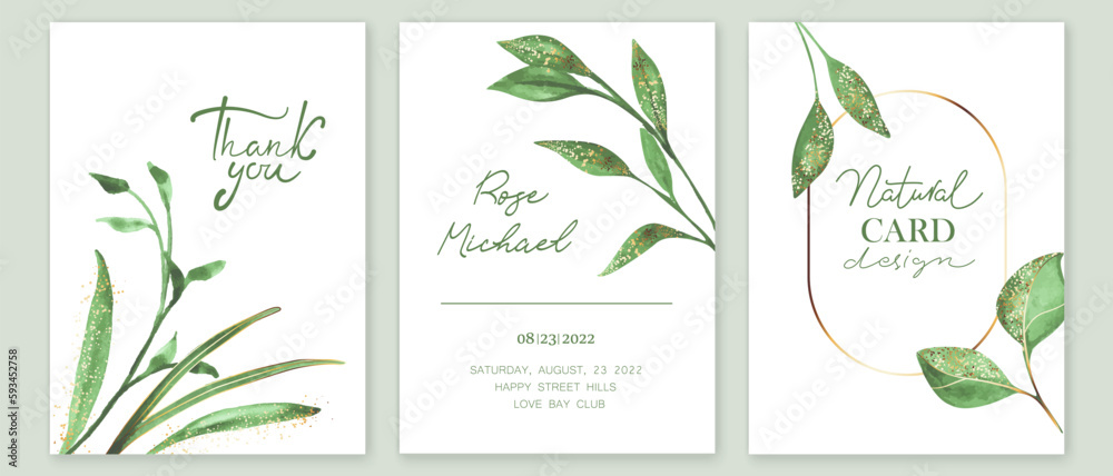 Set of luxury botanical cards, covers. Green and shiny golden leaves, plants on dark green background. Watercolor textures.