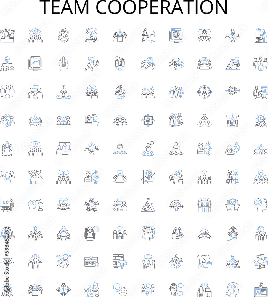 Obraz premium Team cooperation outline icons collection. Collaboration, Synergy, Unite, Together, Communicate, Cooperate, Network vector illustration set. Bond, Integrate, Coordinate linear signs