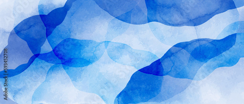 Horizontal abstract blue watercolor spots, waves, textures. Blue, turquoise, white watercolor fluid painting.