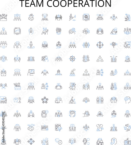Team cooperation outline icons collection. Collaboration, Synergy, Unite, Together, Communicate, Cooperate, Network vector illustration set. Bond, Integrate, Coordinate linear signs