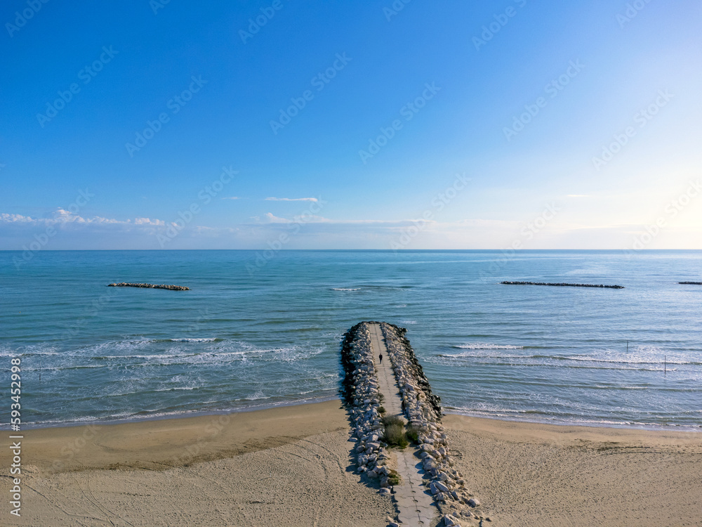 Landscape Aerial view. Beach, coast, Italy Pescara. Sea view. Sand, stones, waves.