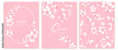 Set of spring cards with sakura flowers. White cherry blossoms, romantic cards set