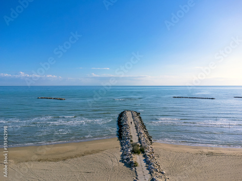 Landscape Aerial view. Beach, coast, Italy Pescara. Sea view. Sand, stones, waves.