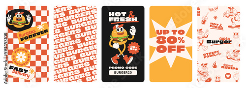 Burger retro cartoon fast food posters and cards. Comic character slogan quote and other elements for burger bar restaurant. Social media templates stories posts. Groovy funky vector illustration.
