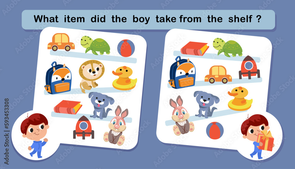 Educational game for children. Puzzle for kids. Find object. Vector illustration. What item did the boy take from the shelf?