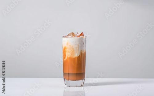 Cooling summer drink Thai Iced Tea topped with a splash of evaporated milk in the glass. Asian traditional milk tea. Generative AI