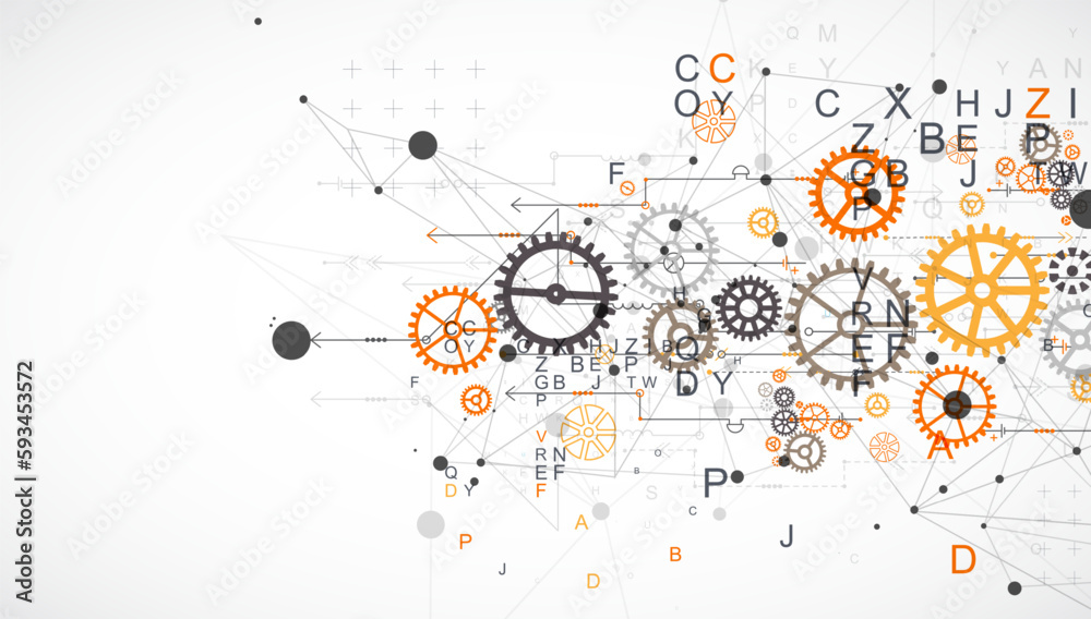 Abstract  technological background  with letters, cogwheels and plexus effect.