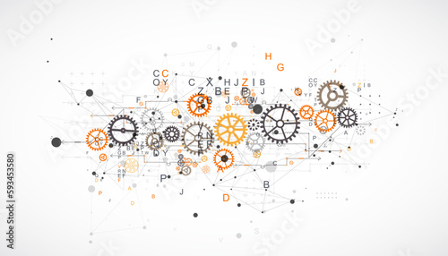 Abstract  technological background  with letters, cogwheels and plexus effect.