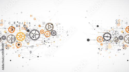 Abstract  technological background  with letters, cogwheels and plexus effect.