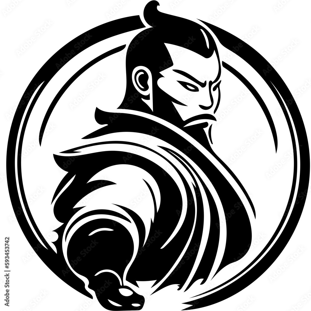 Mascot logo of a kung fu fighter in black and white, silhouette ...