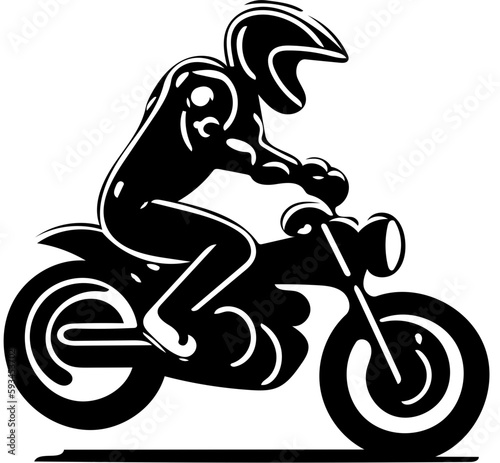 Mascot logo of racing motorbike in black and white, silhouette illustration of a bike rider