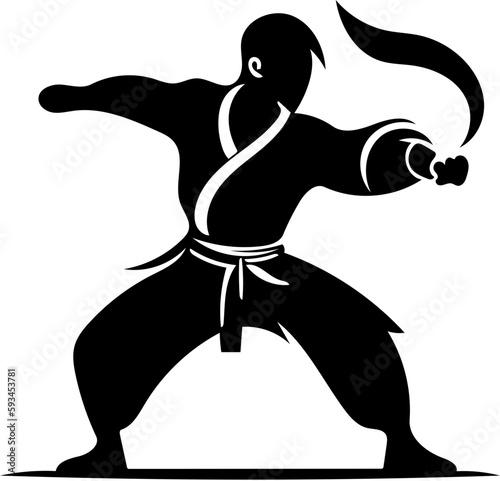 Mascot logo of a kung fu fighter in black and white, silhouette illustration of a martial artist 