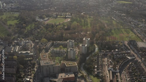 Aerial shot over green spaces around council estates Finsbury park London photo