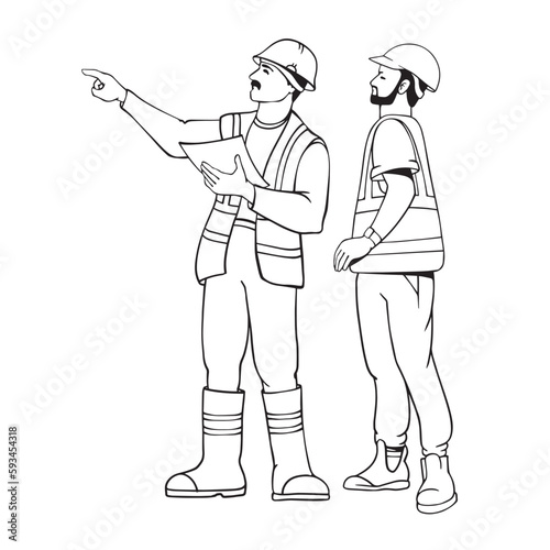 Builders discussing construction plan. Outline worker people. Business concept. Vector.