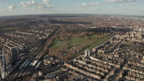 Aerial shot over Finsbury park green space North London photo