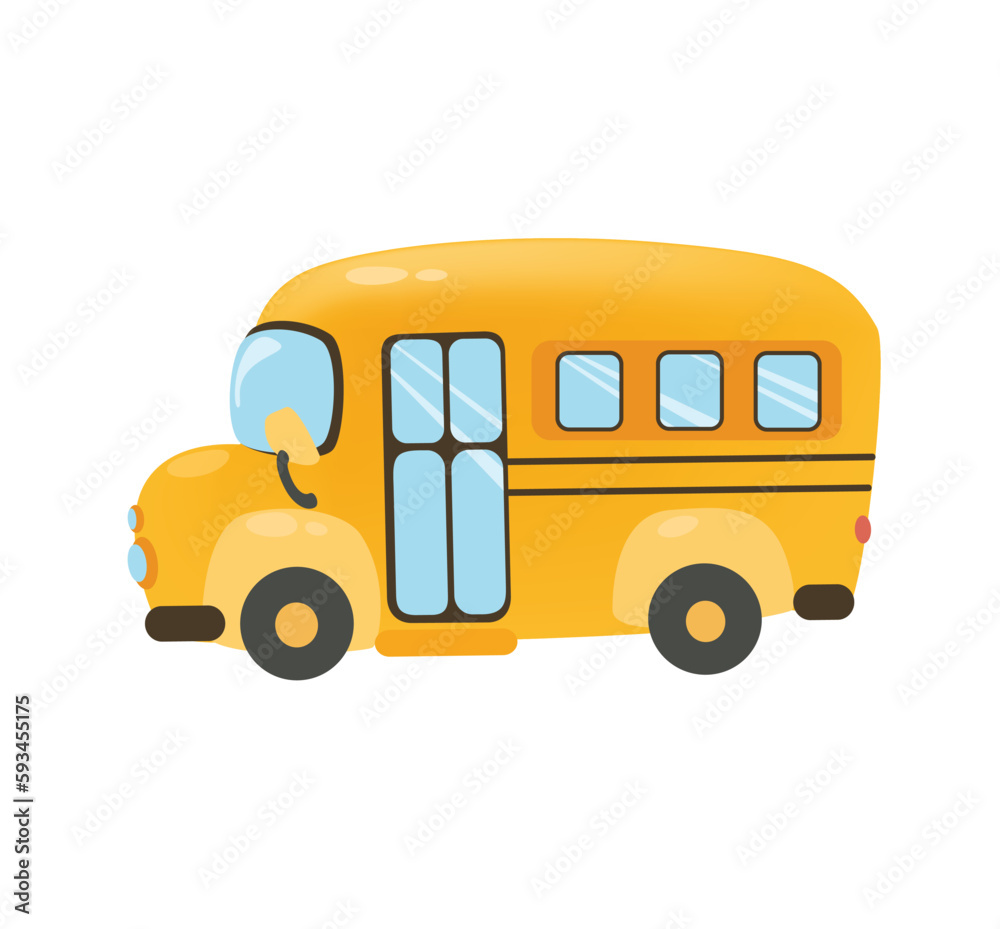 Concept Back to school bus. This illustration depicts a yellow school bus on a white background, designed in a flat and cartoonish style using vector graphics. Vector illustration.