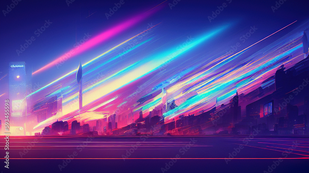 Motion Blurred Urban Skyline Desktop Wallpaper, AI Stock Illustration