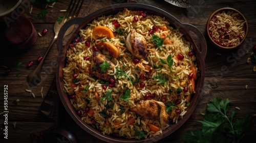  Aromatic Delights: Top-Down View of Pakistani Chicken Pulao with Exquisite Spices - A Flavorful Culinary Journey Generative Ai