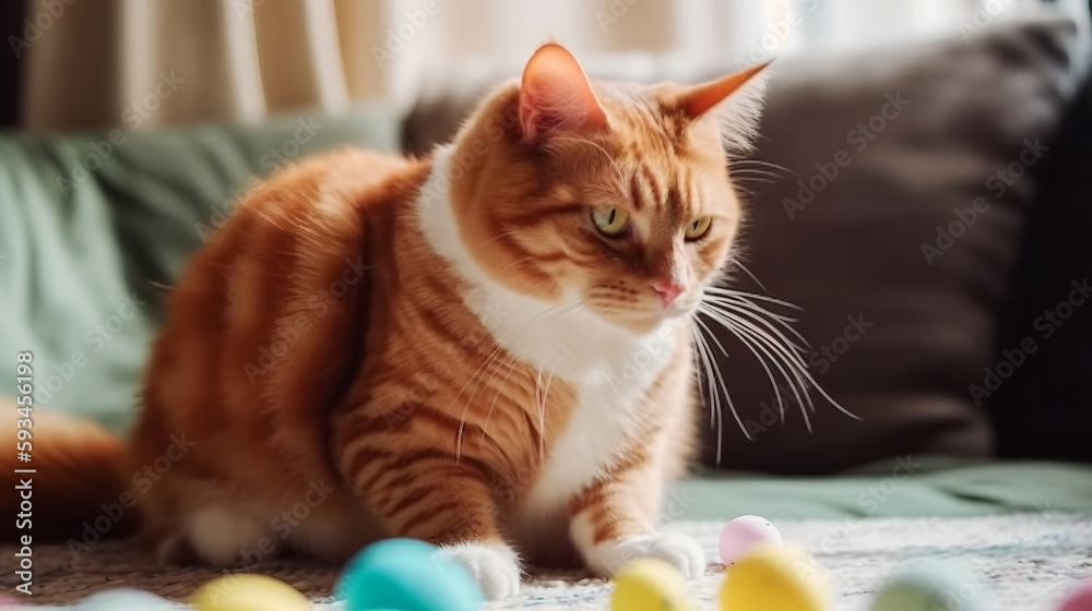 Ginger cat playing with Easter eggs at home and Pet having fun on the couch