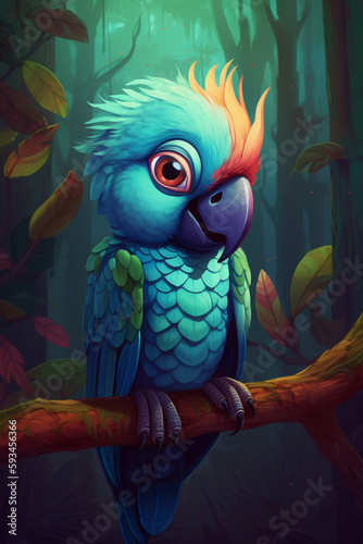 The Enchanting World of the Little Parrot: A Digital Comic Painting in Vibrant Contrasting Colors