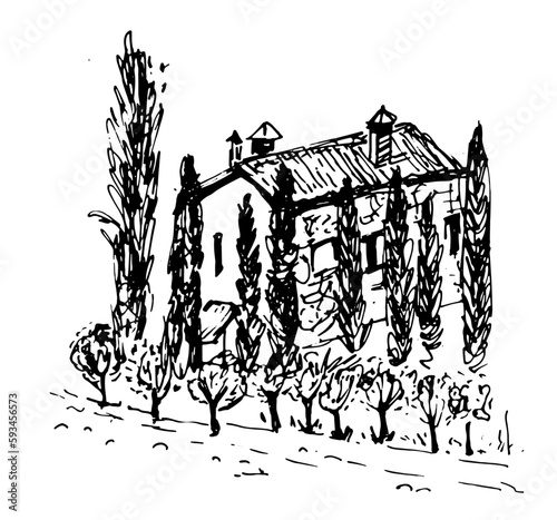 Sketch of natural landscape with vineyard and farmhouse. Vector hand-drawn ink illustration of country meadow. Trees, bushes and house. Outline style in black and white color.