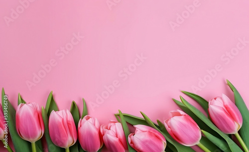 Bouquet of pink tulips on pink background copy space
