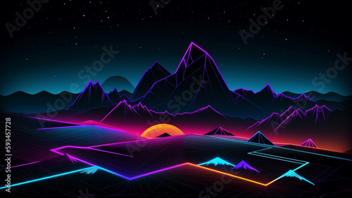 Futuristic mountain scenery  blacklight painting.