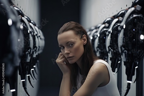 beautiful girl and robots or artificial intelligence beast, human fragility concept