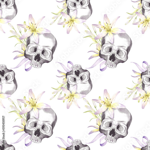Seamless pattern from a human skull with white lily flowers and green leaves. Watercolor illustration for halloween design.