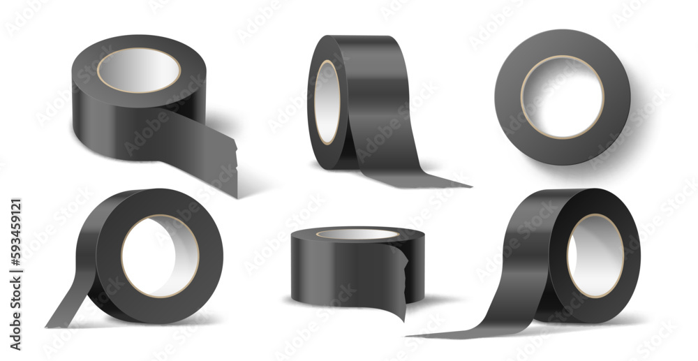 Vetor de Black electrical tape. Realistic self adhesive tape rolls
