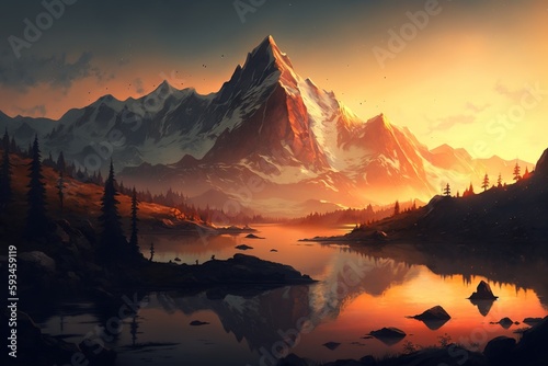 Fantasy mountain landscape with lake and forest at sunset