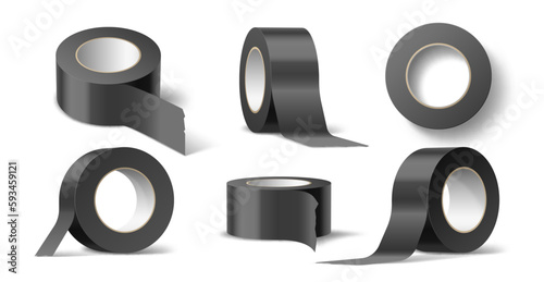 Black electrical tape. Realistic self adhesive tape rolls, sticky strips, different angles mockup, electricity insulation, blank clean 3d isolated elements, delivery packaging utter vector set