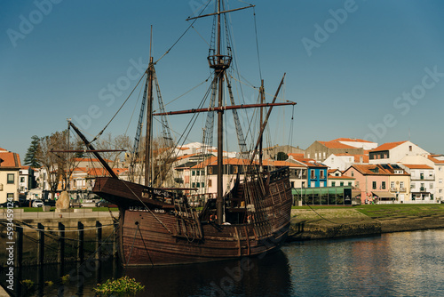 Vila do Conde, Portugal - November 2022 view of Vila do Conde marina witha replica of a 16th century ship