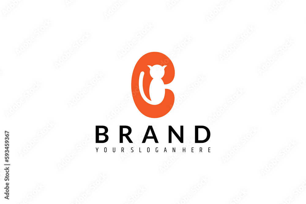 Letter C logo with cat shape combination in flat design style in orange color