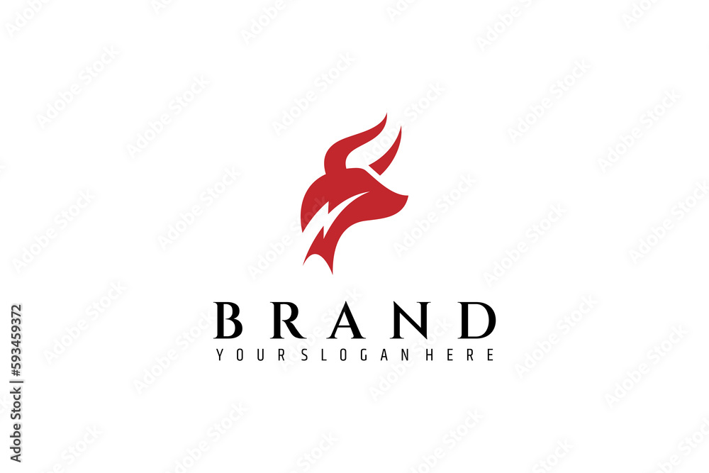 Bull head silhouette logo with thunder shape in flat design style on red color Bull head silhouette logo with thunder shape in flat design style on red color
