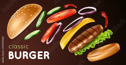 Burger explosion background. Realistic flying vegetables, cutlet and wheat bun with sesame seeds, onion and cheese, delicious fast food. 3d isolated cheeseburger, utter vector concept