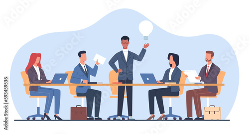 Business meeting at large table in office under direction of head of company. Mean and women in office workplace. Teamwork employee. Cartoon flat illustration. Vector brainstorming concept