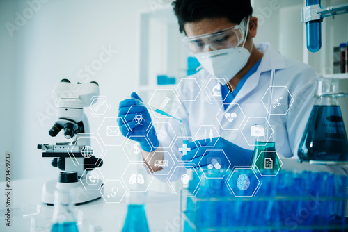 DNA molecule testing concepts. The doctor in a mask examines DNA molecules on the chemical laboratory with VR icon.