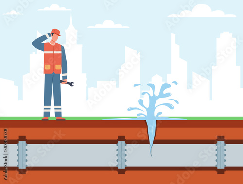 City water pipe bursts, jet of water bursts out of ground. Repairer man fixing leaking broken sewer. Plumber repair, damaged plastic pipeline. Cartoon flat illustration. Vector concept