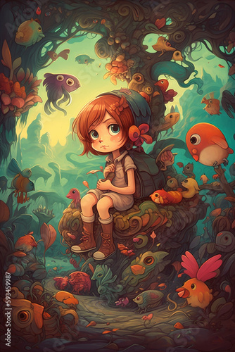 The Little Girl in the Land of Enchanted Creatures: A Comic-Style Digital Painting in Bright and Contrasting Colors